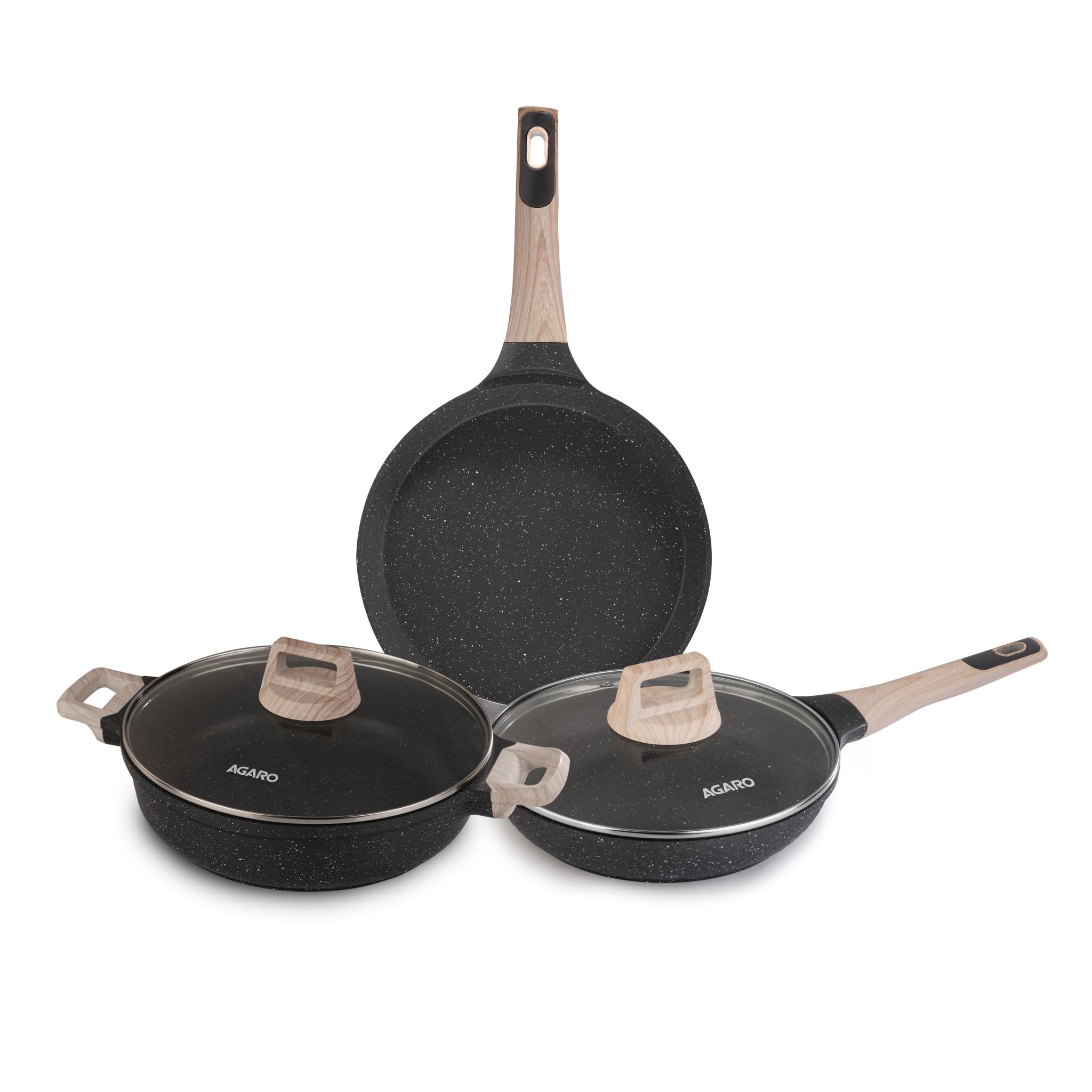 AGARO Imperial Granite Non Stick Cookware Set, 3pcs Cookware Set, 24cm Frying Pan with Glass Lid, 28cm Dosa Tawa, 28cm Kadai wit
